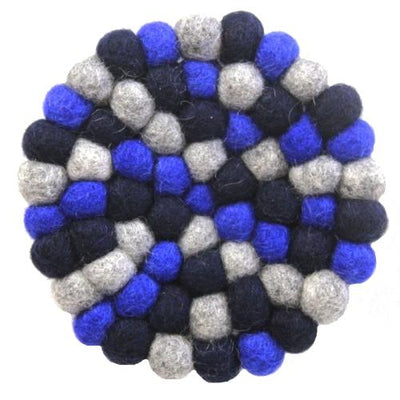 Hand Crafted Felt Ball Trivets from Nepal: Round, Dark Blues - Global Groove (T) - Yvonne’s 100th Wish Inc