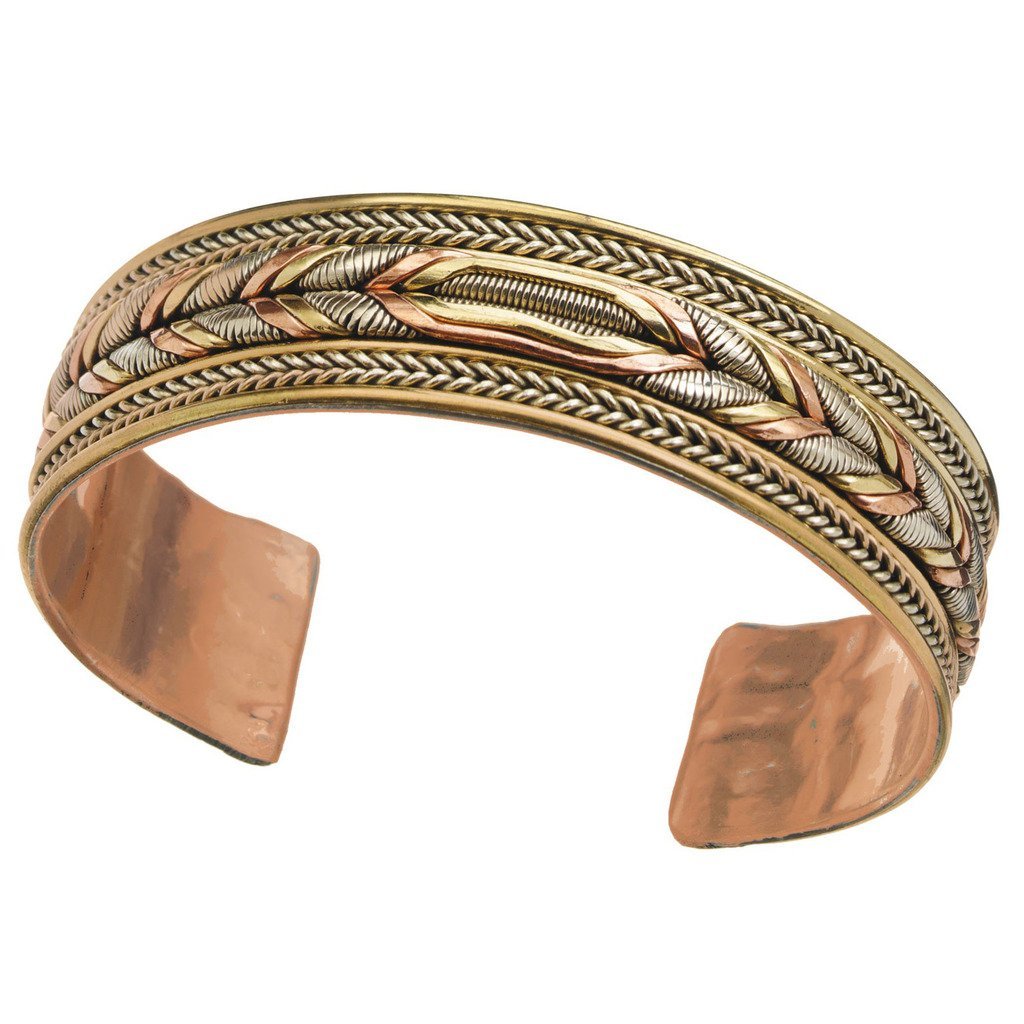 Copper and Brass Cuff Bracelet: Healing Braid - DZI (J) - Yvonne’s 100th Wish Inc