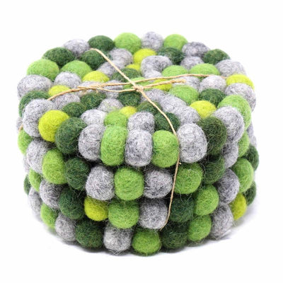 Hand Crafted Felt Ball Coasters from Nepal: 4-pack, Chakra Greens - Global Groove (T) - Yvonne’s 100th Wish Inc
