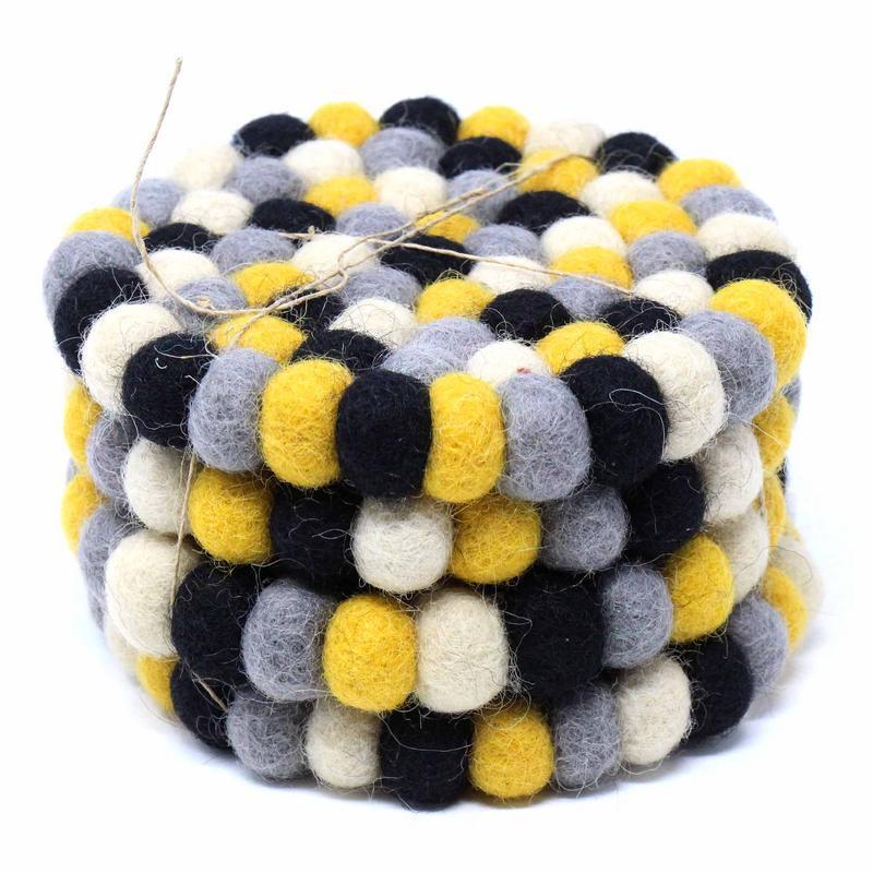 Hand Crafted Felt Ball Coasters from Nepal: 4-pack, Mustard - Global Groove (T) - Yvonne’s 100th Wish Inc