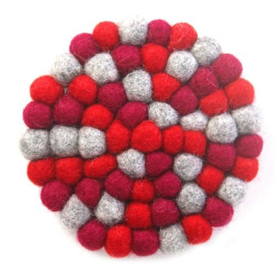 Hand Crafted Felt Ball Trivets from Nepal: Round Chakra, Reds - Global Groove (T) - Yvonne’s 100th Wish Inc