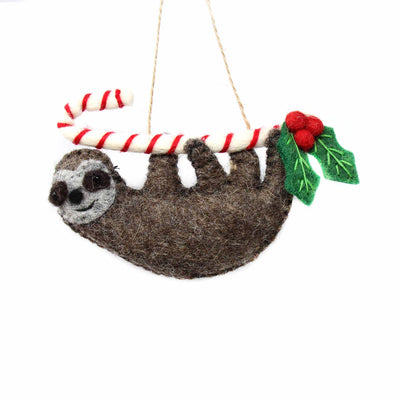Hand Crafted Felt from Nepal: Ornament, Candy Cane Sloth - Global Groove (H) - Yvonne’s 100th Wish Inc