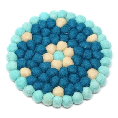 Hand Crafted Felt Ball Trivets from Nepal: Round Flower Design, Turquoise - Global Groove (T) - Yvonne’s 100th Wish Inc
