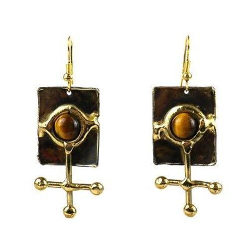 Gold Tiger Eye Ball and Jack Brass Earrings - Brass Images (E) - Yvonne’s 100th Wish Inc