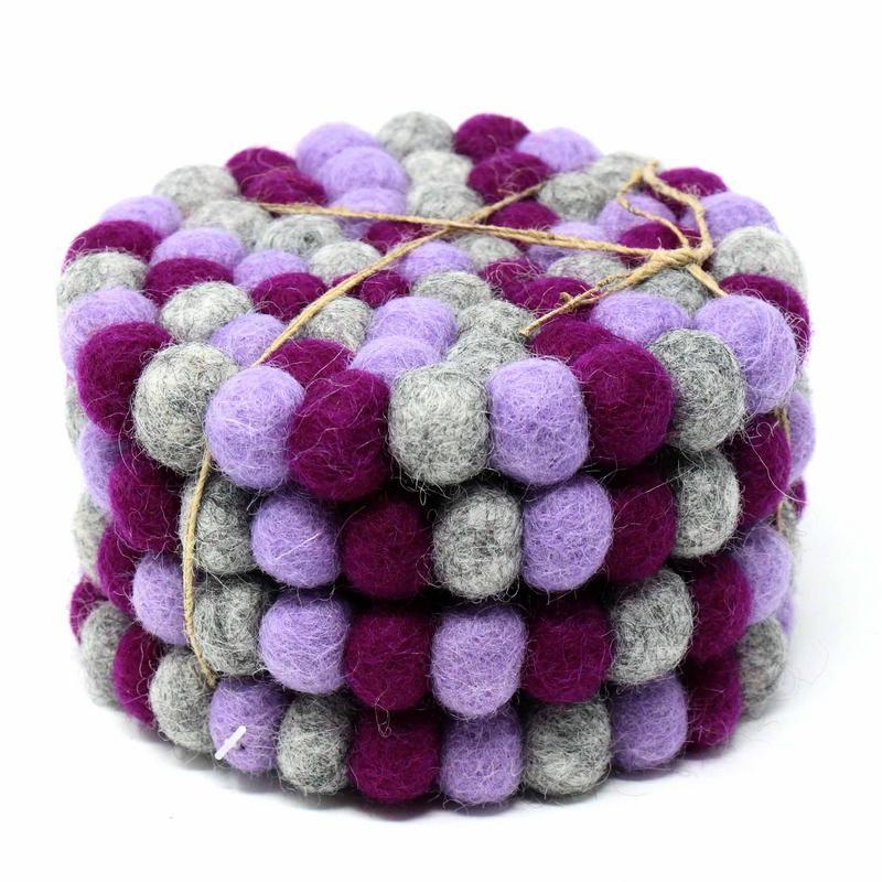 Hand Crafted Felt Ball Coasters from Nepal: 4-pack, Chakra Purples - Global Groove (T) - Yvonne’s 100th Wish Inc