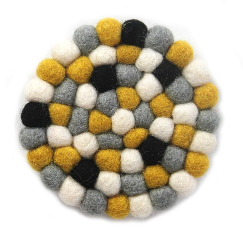 Hand Crafted Felt Ball Coasters from Nepal: 4-pack, Mustard - Global Groove (T) - Yvonne’s 100th Wish Inc