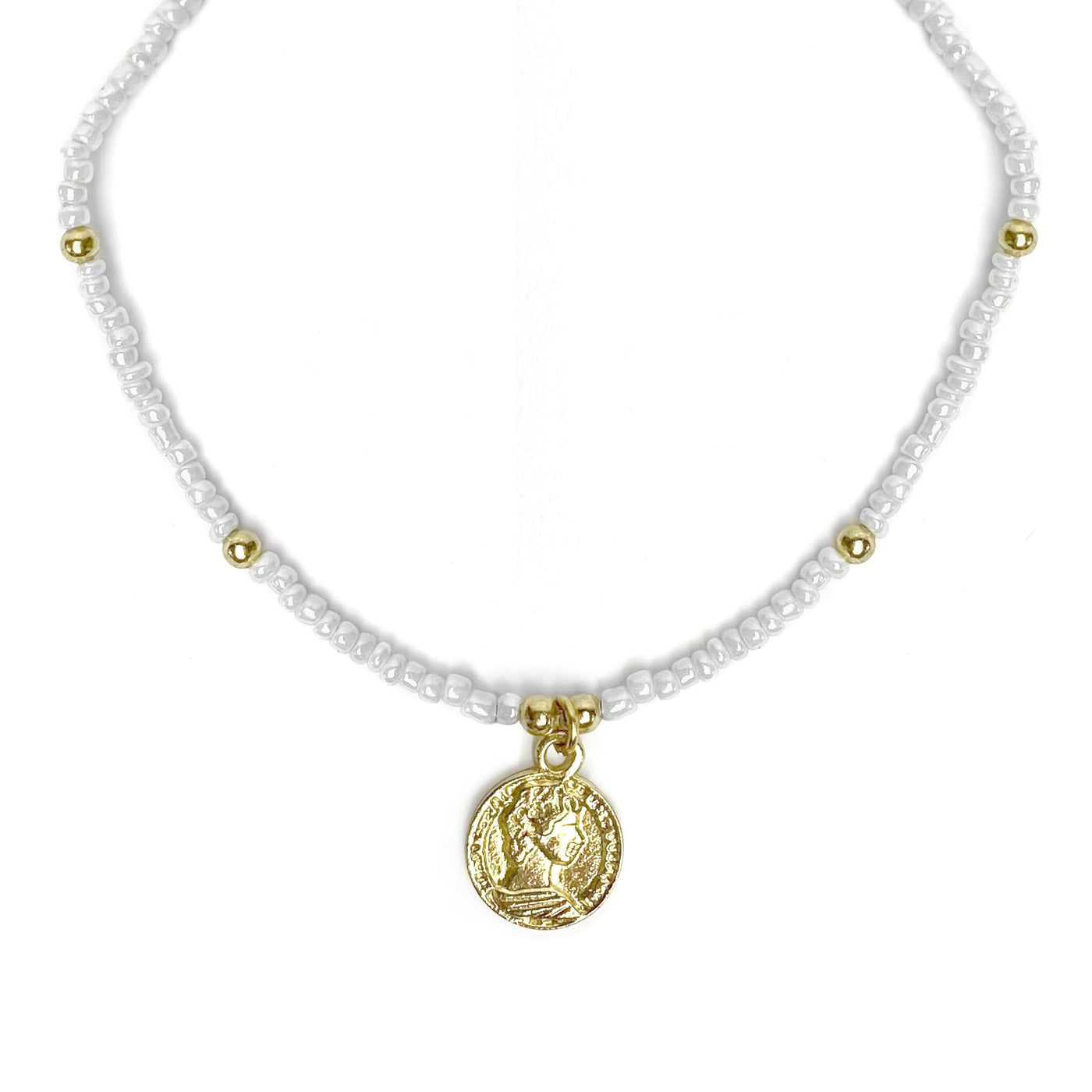 White Glass Bead Choker with Brass Coin Pendant