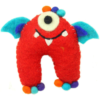 Hand Felted One-Eyed Red Tooth Monster with Wings - Global Groove - Yvonne’s 100th Wish Inc