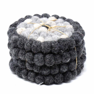 Hand Crafted Felt Ball Coasters from Nepal: 4-pack, Flower Black/Grey - Global Groove (T) - Yvonne’s 100th Wish Inc