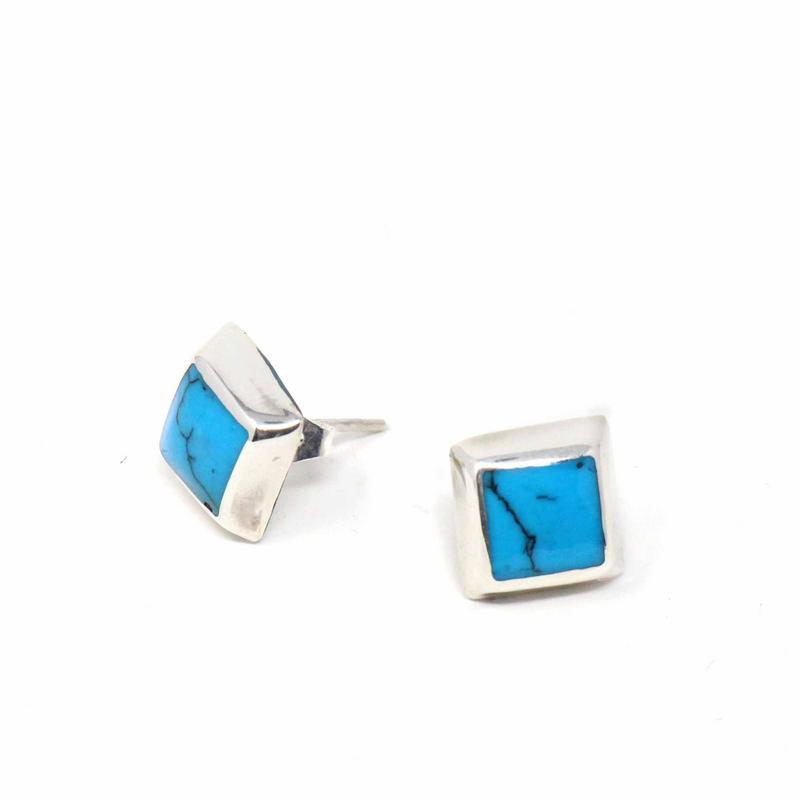 Sterling Silver Earrings, Turquoise Black Square