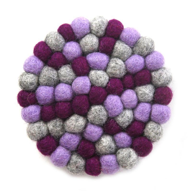 Hand Crafted Felt Ball Coasters from Nepal: 4-pack, Chakra Purples - Global Groove (T) - Yvonne’s 100th Wish Inc