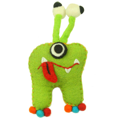 Hand Felted Green Tooth Monster with Bug Eyes - Global Groove - Yvonne’s 100th Wish Inc