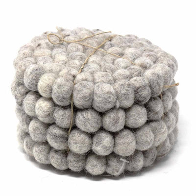 Hand Crafted Felt Ball Coasters from Nepal: 4-pack, Light Grey - Global Groove (T) - Yvonne’s 100th Wish Inc