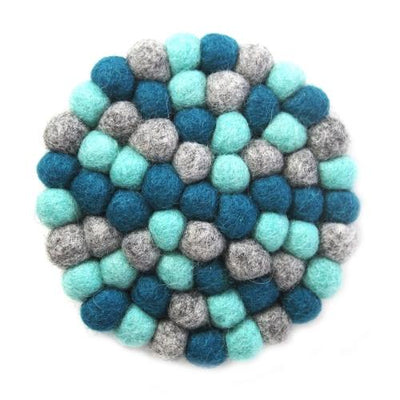 Hand Crafted Felt Ball Trivets from Nepal: Round Chakra, Light Blues - Global Groove (T) - Yvonne’s 100th Wish Inc