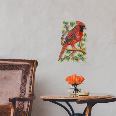 Cardinal on Branch, Painted Haitian Steel Drum Wall Art