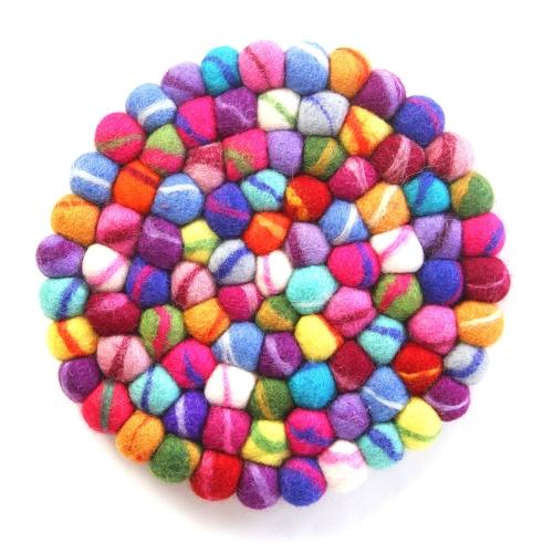 Hand Crafted Felt Ball Trivets from Nepal: Round, Rainbow - Global Groove (T) - Yvonne’s 100th Wish Inc