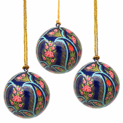 Handpainted Ornaments, Coral & Blue Floral - Pack of 3 - Yvonne’s 100th Wish Inc