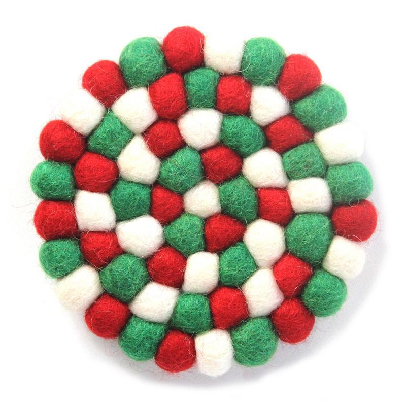 Hand Crafted Felt Ball Coasters from Nepal: 4-pack, White Christmas Multicolor - Global Groove (T) - Yvonne’s 100th Wish Inc