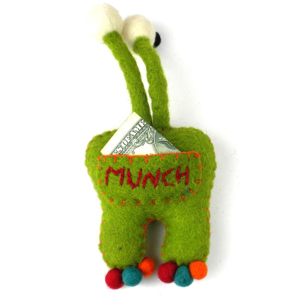 Hand Felted Green Tooth Monster with Bug Eyes - Global Groove - Yvonne’s 100th Wish Inc