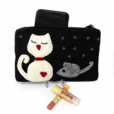 Hand Crafted Felt: White Cat Pouch - Yvonne’s 100th Wish Inc