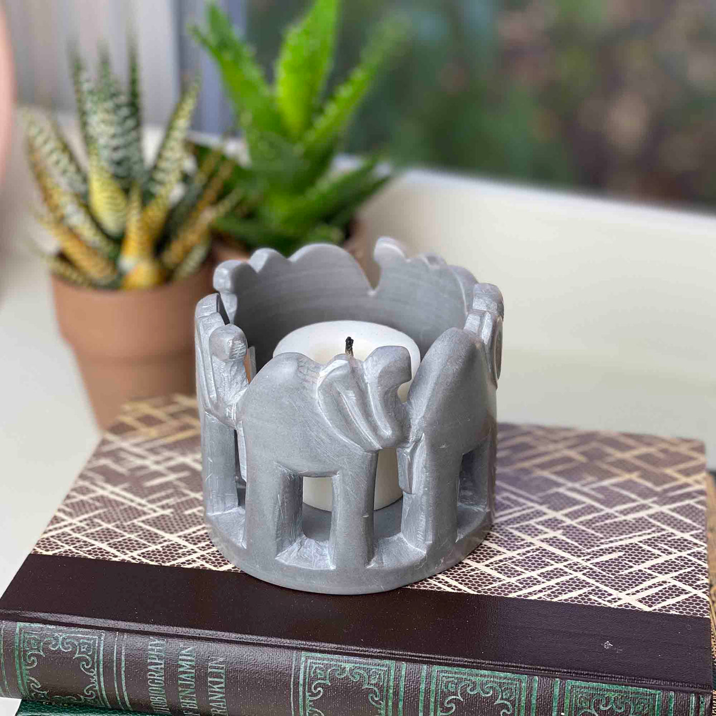 Circle of Elephants Soapstone Sculpture, 3 to 3.5-inch - Dark Stone - Yvonne’s 100th Wish Inc