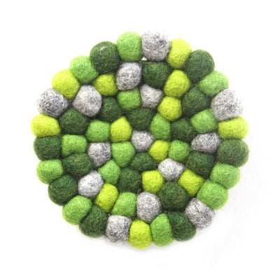 Hand Crafted Felt Ball Coasters from Nepal: 4-pack, Chakra Greens - Global Groove (T) - Yvonne’s 100th Wish Inc