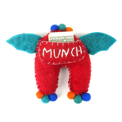 Hand Felted One-Eyed Red Tooth Monster with Wings - Global Groove - Yvonne’s 100th Wish Inc