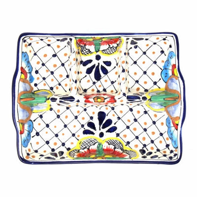 Handmade Pottery 9" Divided Platter, Dots & Flowers - Encantada