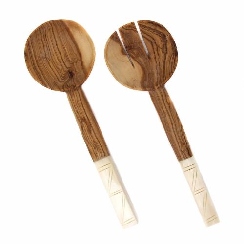 Wood Salad Servers White with Square Design