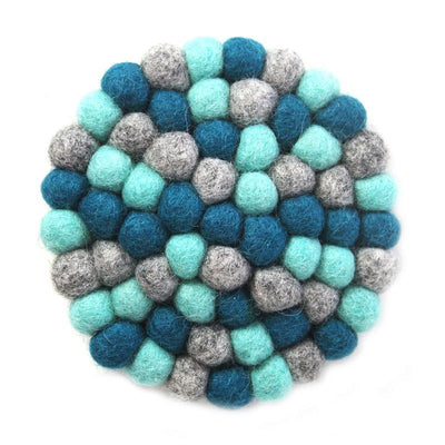 Hand Crafted Felt Ball Coasters from Nepal: 4-pack, Chakra Light Blues - Global Groove (T) - Yvonne’s 100th Wish Inc