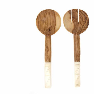 Wood Salad Servers White with Square Design